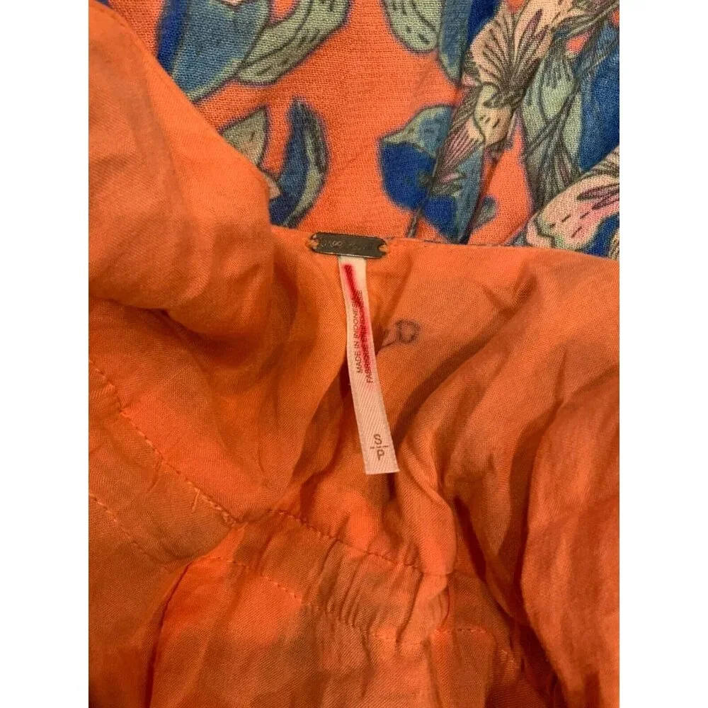 Free People Orange W/ Blue/Green Floral Pattern "Dear You" Dress,  Size Small - Picture 5 of 5